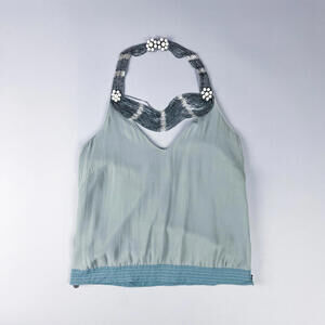 Y2K Beaded Halter Neck Top with Pearl Accents, Grey Tones